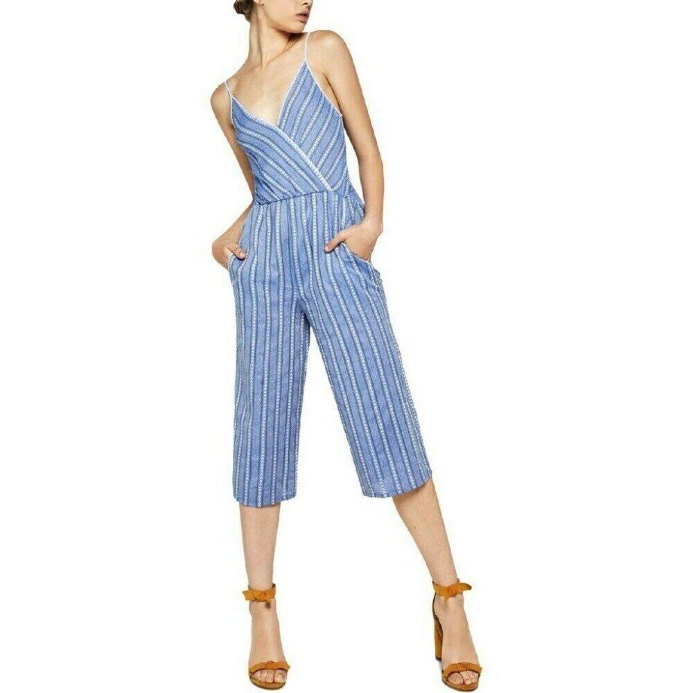 BCBGeneration Linen Blend Blue White Stripe Wrap Sleeveless Jumpsuit Size Medium